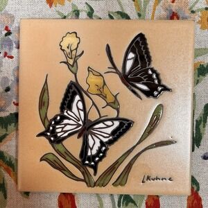 VTG 80s Earthtones Butterfly Tile Leon Kuhne Floral Tile Trivet Wall Decor Boho